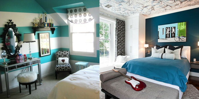 como pintar una habitacion, dos ideas de dormitorios modernos decorados en colores fríos, decotacion en las paredes