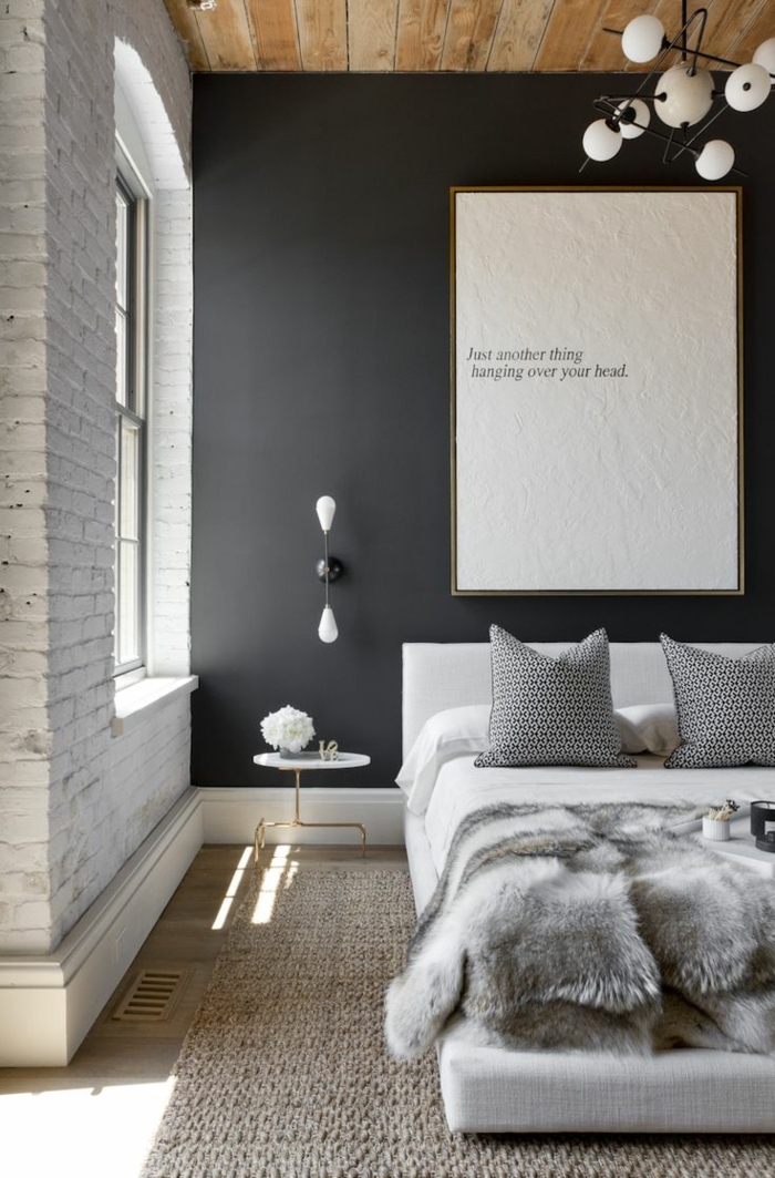 colores para habitaciones, propuesta sofisticada de dormitorio moderno en gris y beige, paredes en gris oscuro decoración moderna en la pared