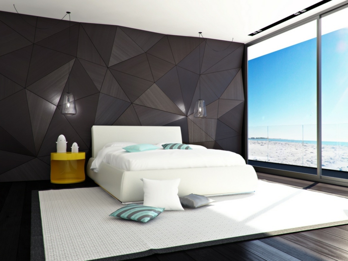 colores para habitaciones, grande dormitorio con paredes en marrón, cama moderna en blanco tapizada de piel, ventanales con vista