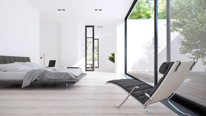 colores para habitaciones, idea moderna de dormitorio espacioso en estilo minimalista, cama grande en capitoné, grandes ventanales