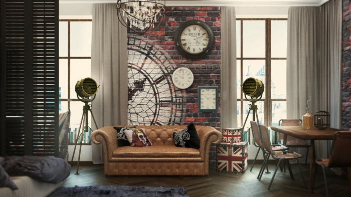 decoración vintage, salón moderno, sofá vintage en capitoné color ocre, pared con ladrillos dibujados, suelo de parquet