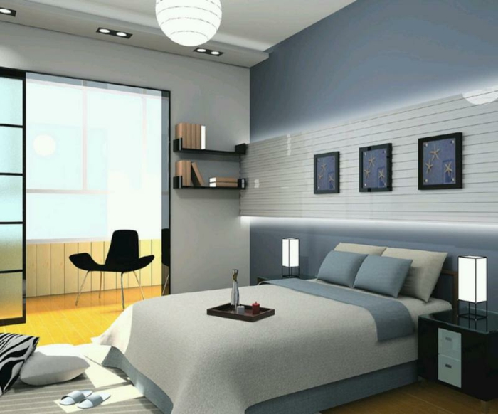 dormitorios matrimonio modernos, dormitorio en colores fríos, cama moderna con cobijas en azul y beige, lámparas empotradas