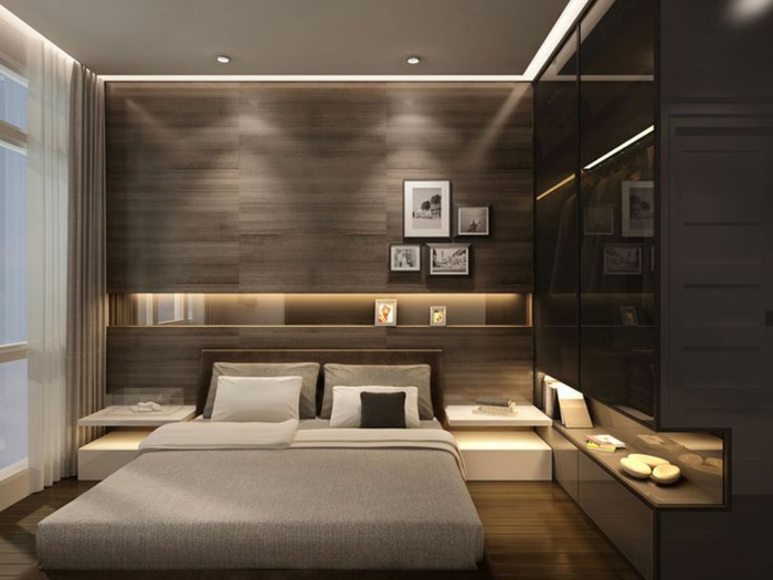 dormitorios matrimonio modernos, propuesta de habitación moderna decorada en gris y marrón, lámparas empotradas y cuadros decorativos
