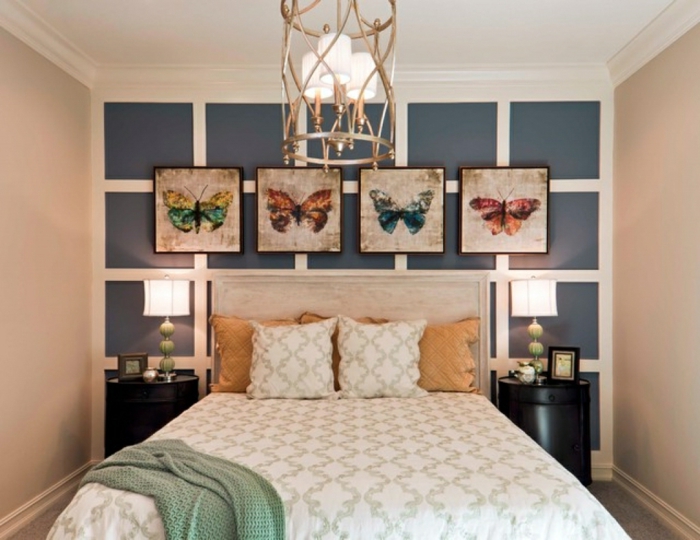 dormitorios modernos, idea de habitación moderna con decoración original en la pared, cama doble con cabecero de madera