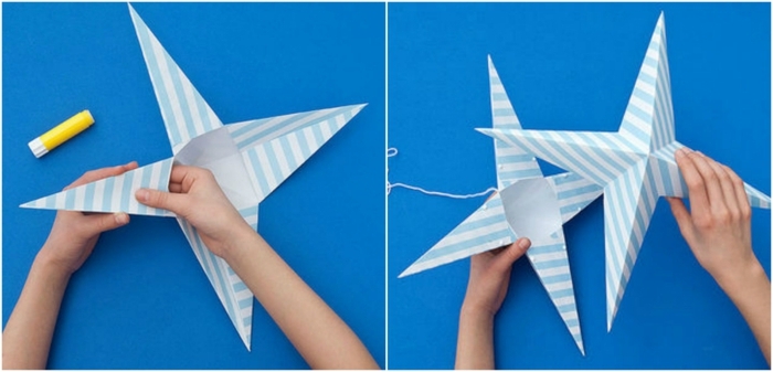 como hacer cosas de papel, como hacer una estrella grande colgante de papel con volumen, pegar las dos partes separadas