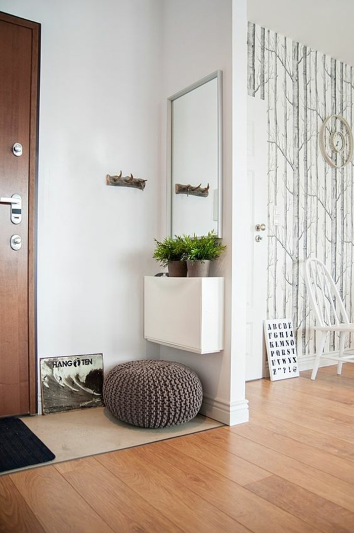 muebles recibidor, recibidor pequeño con espejo rectangular, puf tejido y plantas verdes, ganchos de pared