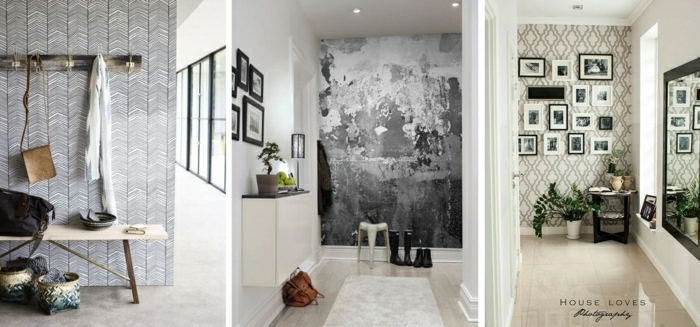 muebles recibidor, tres ideas de decoración de recibidores en blanco y negro con muebles minimalistas ny papel pintado
