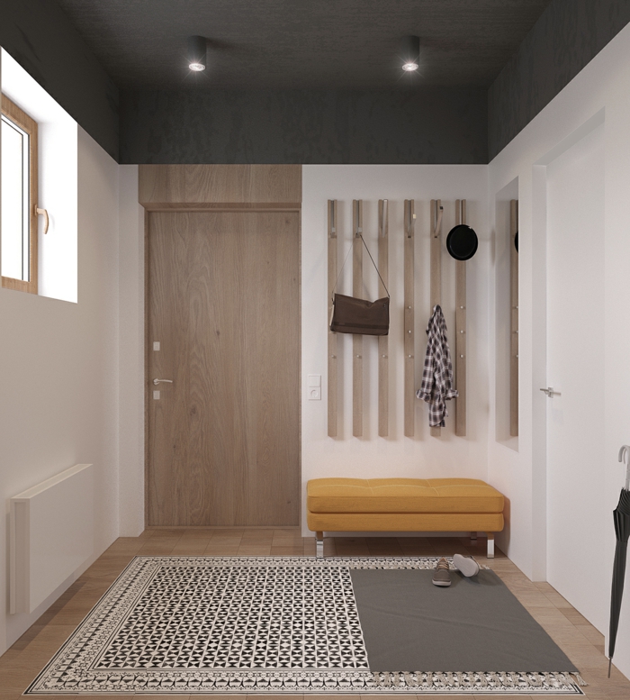 muebles de entrada, recibidor grande moderno, madera clara, banco tapizado amarillo, ventana pequeña, alfombra