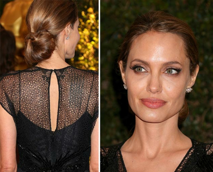 peinados con coleta, Angelina Jolie con un vestido negro elegante y pelo recogido en moño, cabello castaño largo 