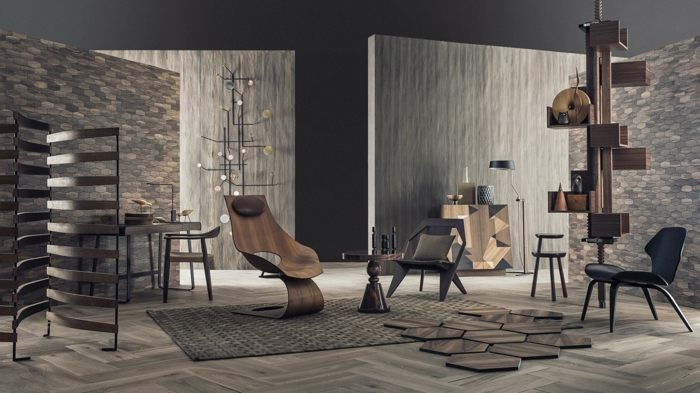 paredes decoradas, salón en colores oscuros, estilo moderno, combinación de madera y piedra, muebles de forma irregular