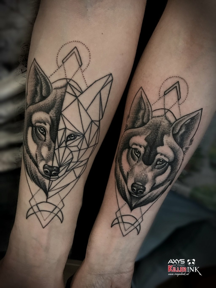 tatuaje lobo, propuesta de tatuajes para parejas, cabeza de lobo, estilo moderno geométrico, variaciones de la misma imagen
