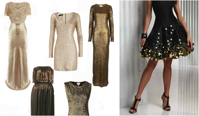 vestidos largos de fiesta, ideas en dorado, diferentes propuestas de vestidos cortos y largos, vestido negro con decoración en color oro
