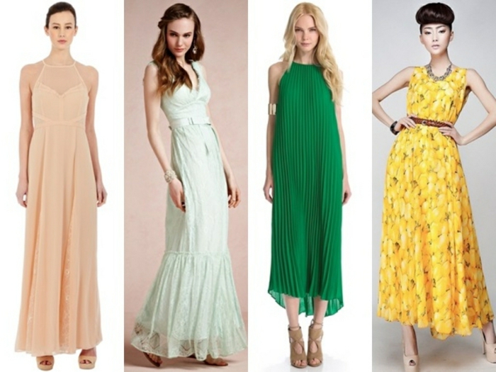 vestidos para bodas de dia, cuatro vestidos de longitud larga en diferentes colores, ideas en verde saturado y amarillo llamativo 