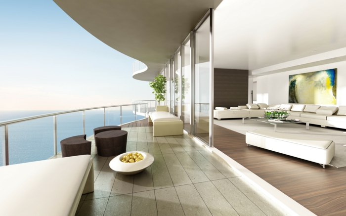 terrazas con encanto en tendencia 2018, propuesta de diseño único, grande terraza con vista al mar, muebles en estilo minimalista