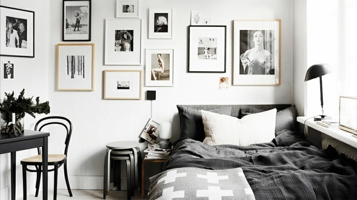 manualidades con fotos, dormitorio blanco con detalles decorativos en negro, cuadros con fotos vintage en blanco y negro