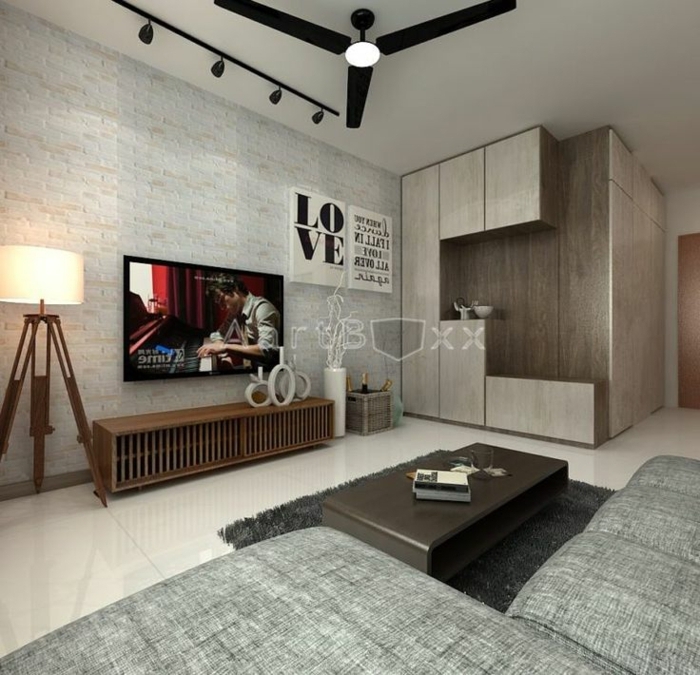 separadores, salón moderno en estilo minimalista, paredes con decoración moderna, sofá en beige, grande armario de madera