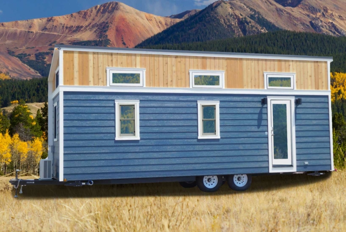 minicasas, bonito paisaje montañoso con mini casa portatil, revestimiento de madera, casa en azul con pequeña plataforma