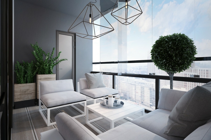 muebles modernos para terraza, diseño sencillo y colores claros, terrazas con encanto con decoración de plantas verdes