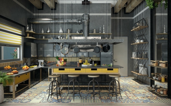 espacio en estilo industrial decorado en gris, diseño de cocinas funcional y bonito, armarios en amarillo y gris, suelo con azulejos con mosáico