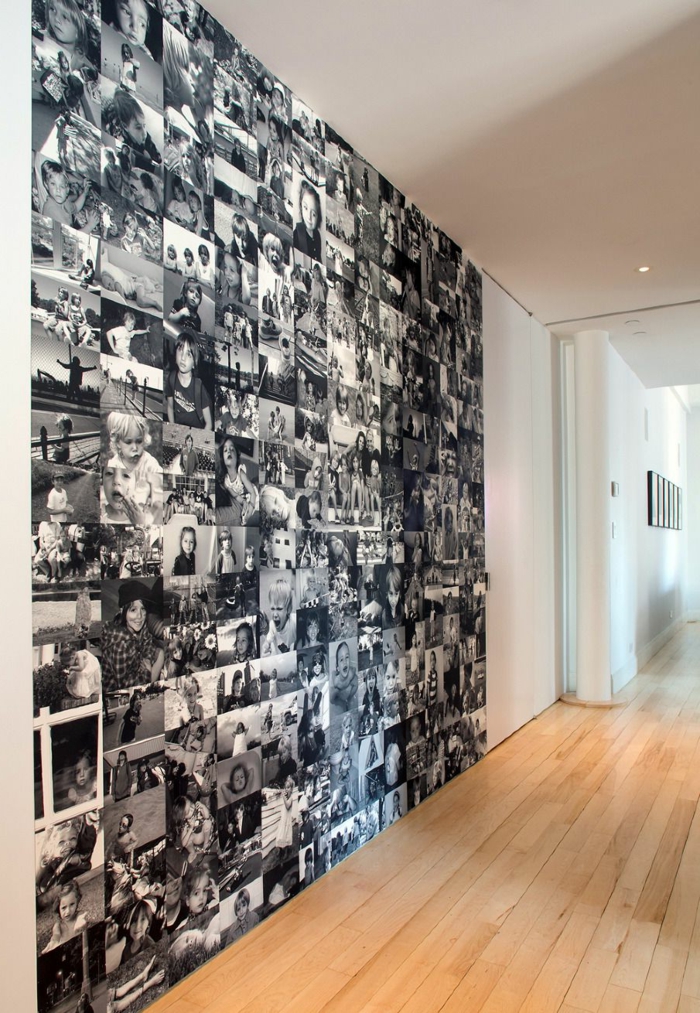 fotos originales, ideas de decoración de una casa en estilo moderno minimalista, pared cubierta de fotos en blanco y negro 