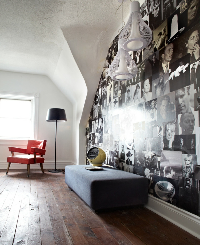 fotos originales, precioso interior en estilo vintage, pared original tapizada con fotos de gente famosa del siglo veinte, ideas originales DIY 