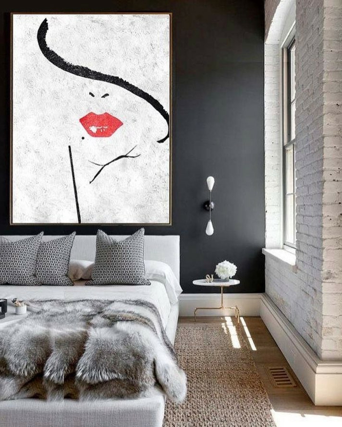 cuadros impresionistas para habitaciones modernas, decoración en blanco gris y beige, cuadros modernos, paredes de ladrillos, cama moderna y funcional 