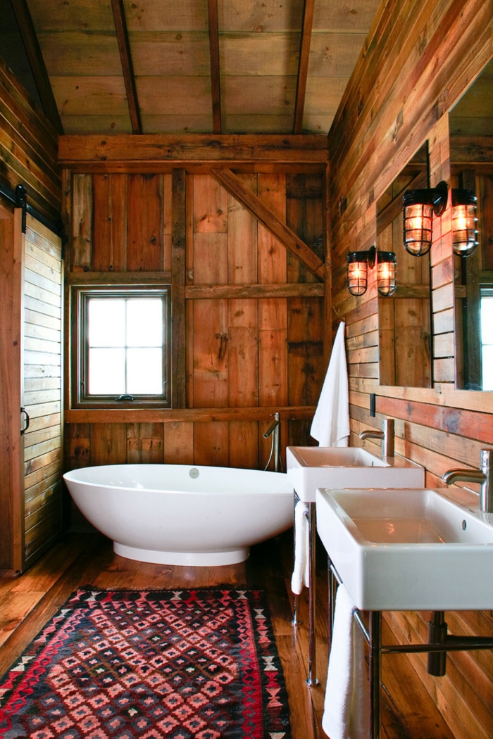 ideas para decorar baños rústicos con elementos en estilo moderno, baño pequeño revestido de madera, muebles modernos en blanco 
