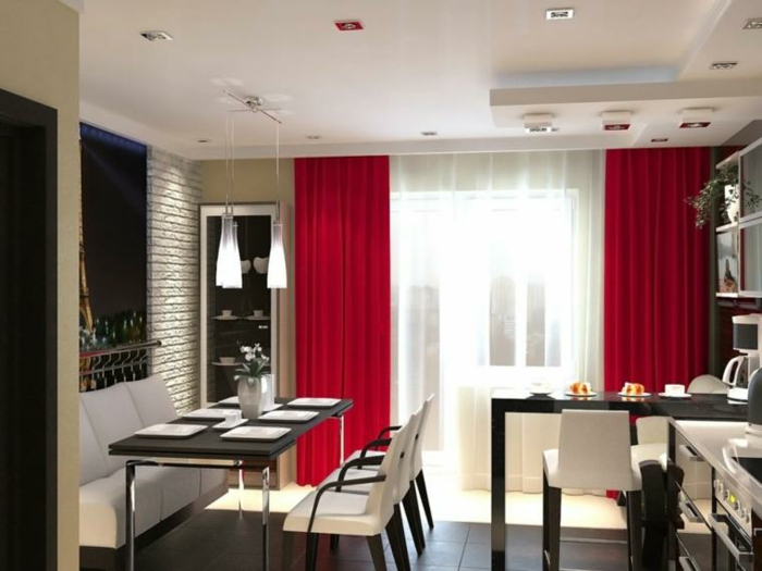 cortinas de cocina,, preciosas cortinas en color rojo fuego con visillo blanco abajo, cocina con comedor en blanco y negro 