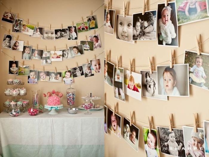 fotos originales, pared en color ocre decorada con fotografías de niños y bebés, idea original para un cumpleaños infantil 