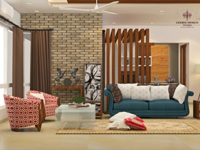 separadores de ambientes, salón acogedor con muebles modernos, sillones en estampados en blanco y rojo, pared con ladrillos, sofá tapizado en terciopelo azul 