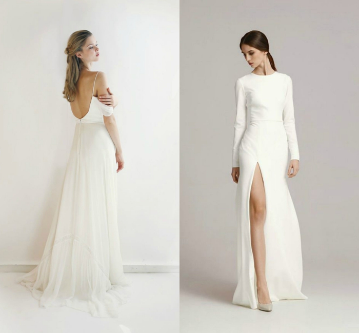 vestidos bonitos, dos propuesta modernas de vestidos de corte sencillo, ideas de vestidos largos en blanco 