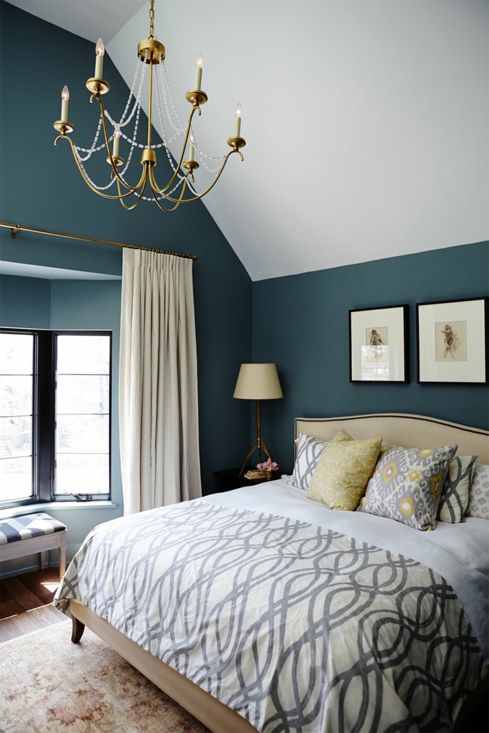 propuesta con cuadros ikea, dormitorio en estilo clásico con techo inclinado y paredes en blanco y azul