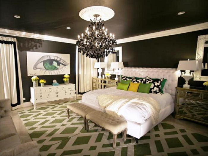 propuesta fantástica para decorar una habitación en estilo moderno, cuadros ikea y muebles vintage, pie de cama tapizado de terciopelo 