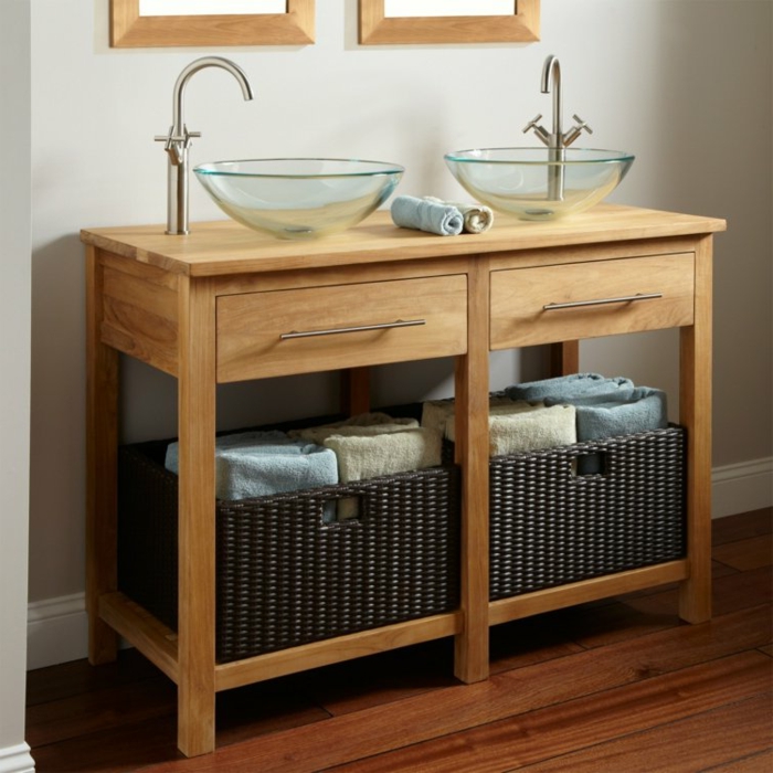 armario moderno de madera para un baño con decoracion rustica, lavabos de cristal estilo rústico