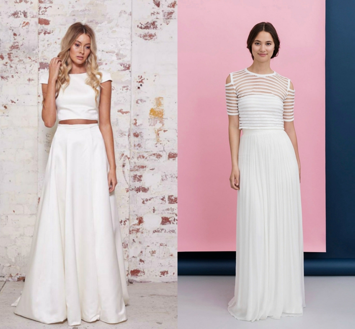 vestidos de novia 2017, dos propuestas de vestido en dos piezas, largas faldas en volantes y parte superior de mangas cortas