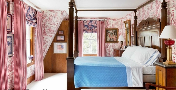 habitacion en estilo vintage con elementos en rosado y rojo, cuadros ikea y muebles vintage, cama con marco de madera alto 