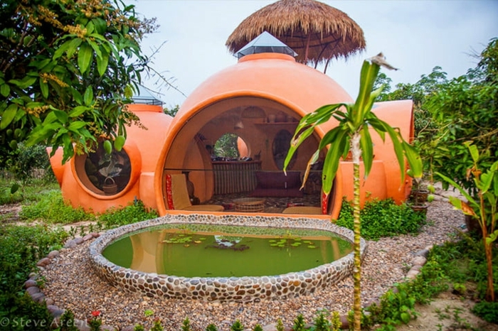 mini casas sobre ruedas, casita pequeña de diseño muy original con aire exótico, patio con piscina y palmeras