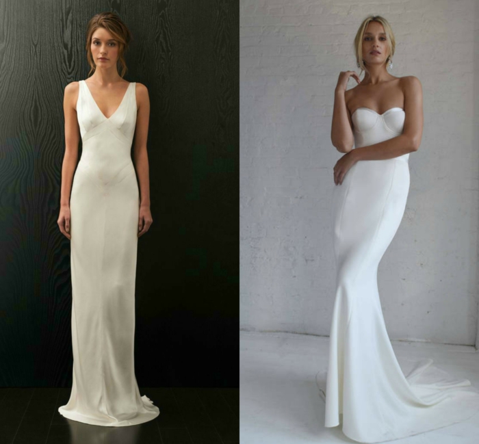 vestidos boda civil, dos ejemplos de vestidos de silueta simples, vestidos de corte recto y grande escote