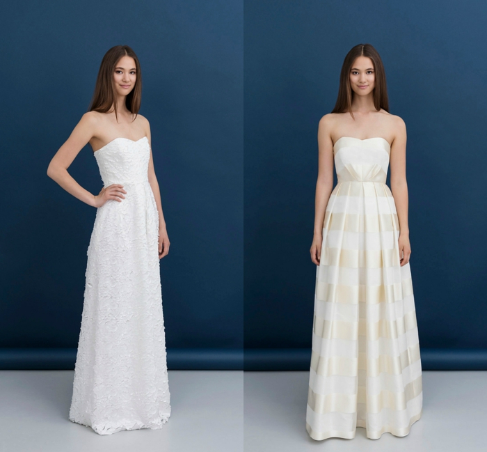 vestidos de novia modernos, ideas de vestidos de silueta simple, vestido en blanco de encaje con escote semicorazón y otro vestido en blanco y dorado 