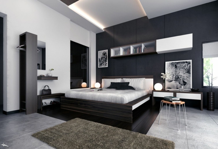 dormitorio doble decorado en blanco y negro, cuadros decorativos en blanco y negro, cama moderna de madera 