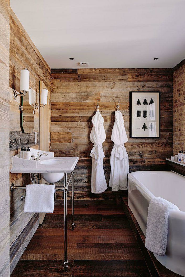 cuarto de baño pequeño con detalles de estilo moderno y revestimiento de madera en estilo rústico, cuadro decorativo para la pared 