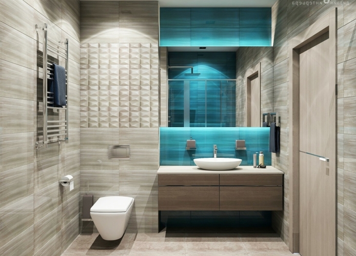 decoración baños pequeños, muebles auxiliares, ducha de obra, beige y azul, suelo y paredes de baldosas, mueble de lavabo de madera