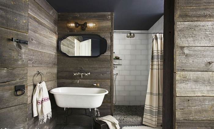 mueble lavabo, baño rústico con paredes de madera, ducha de obra con cortina, espejo, lavabo grande de porcelana