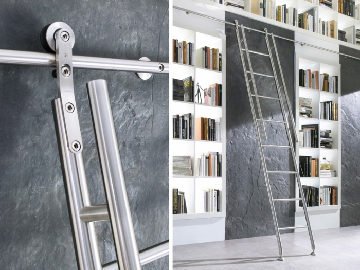 estanteria escalera, biblioteca alta de madera blanca, escalera corrediza de metal, pared gris oscuro, ideas de estanterías