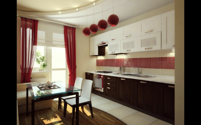 cortinas para cocina, cocina en estilo contemporáneo, lámparas colgantes en rojo y cortinas de visillo en el mismo color 