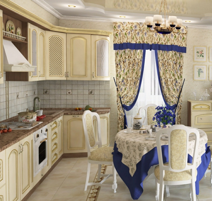 cortinas para cocina, preciosas cortinas en estilo provenzal en lila y blanco con ornamentos florales, muebles pintados en color champán 