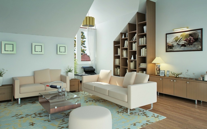 sala de estar decoración, colores para pintar un salon, tonos neutrales, muebles beige, paredes en blanco roto, armario y librería de madera, suelo laminado con alfombra