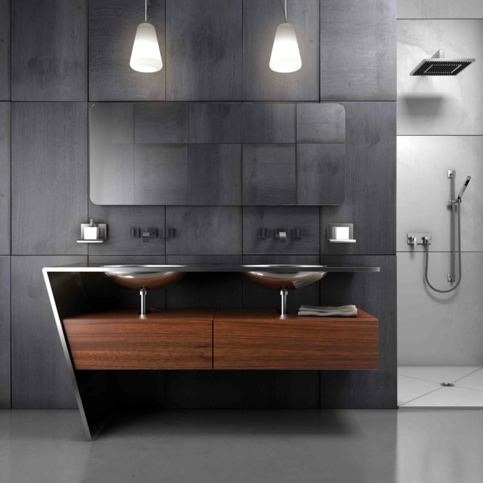 estilo industrial moderno, muebles baño, mueble de lavabo de madera y metal, lavabo doble, lámparas colgantes, ducha de obra, color gris