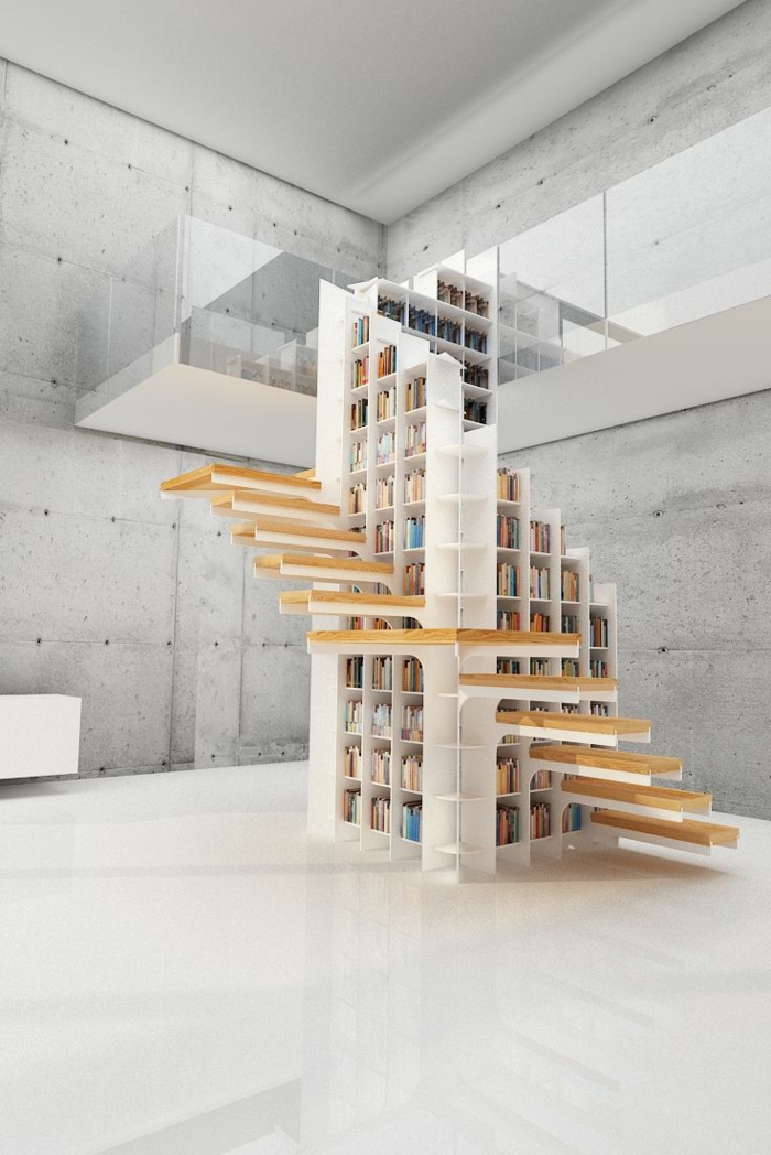 estanterias de madera, diseño moderno, escaleras sin barandilla, librería blanca, espacio grande, suelo laminado