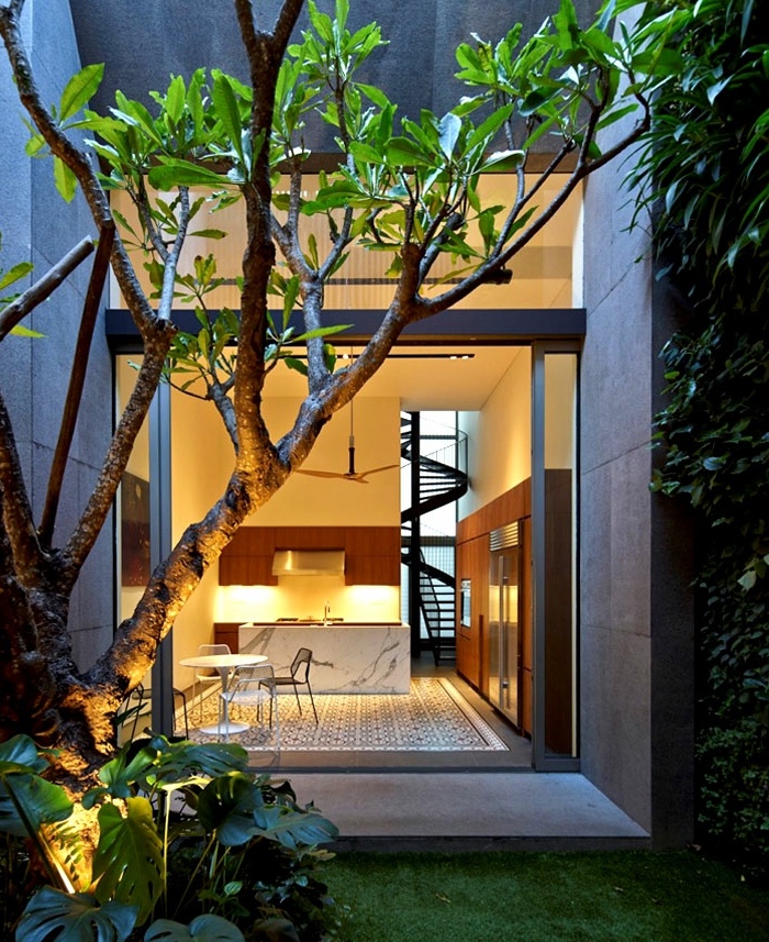 escaleras, casa moderna con ventanal y patio con planta trepadora, cocina con comedor, escalera de caracol metálica negra